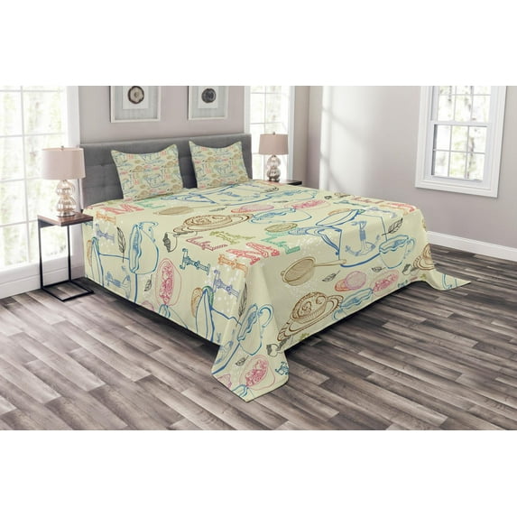 Ambesonne Tea Party Quilted Bedspread Set 3 Pcs, Kitchenware Sweets, King Size, Multicolor