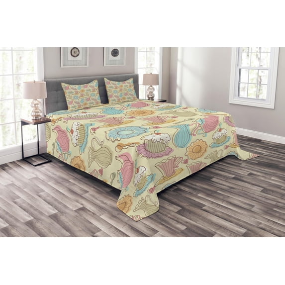 Ambesonne Tea Party Quilted Bedspread Set 3 Pcs, Retro Cupcakes Mugs, Queen Size, Multicolor