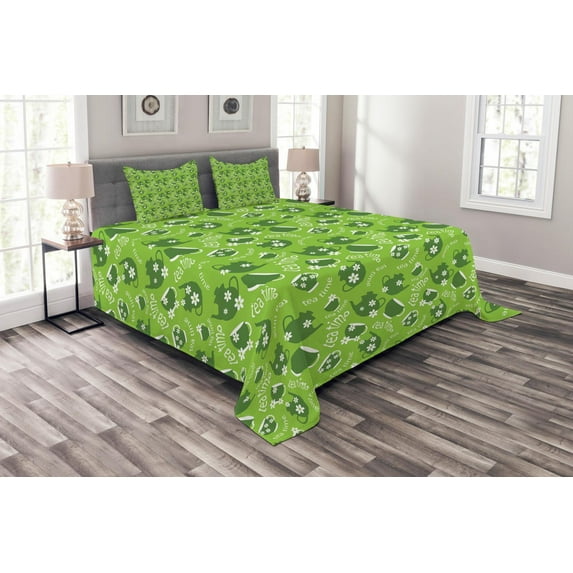 Ambesonne Tea Party Quilted Bedspread Set 3 Pcs, Tea Time Daisy Blooms, King Size, Lime Green Dark Green