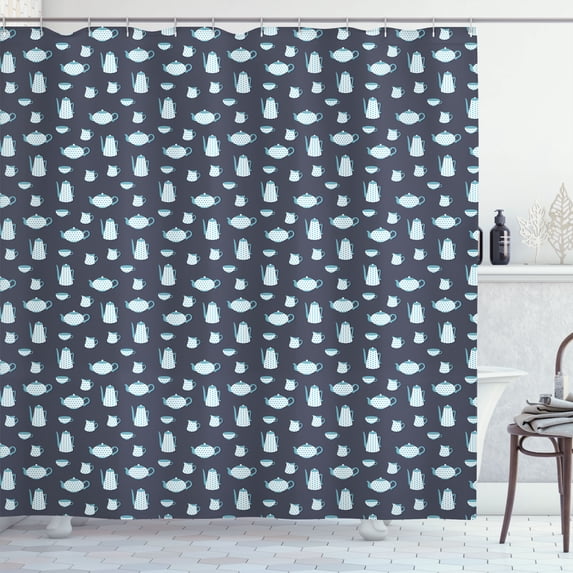 Ambesonne Tea Party Shower Curtain, Teapot and Cups Dots, 69"Wx84"L, Purple Grey Sky Blue