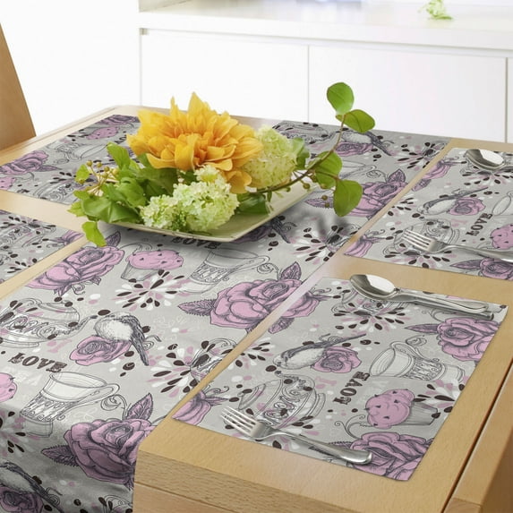Ambesonne Tea Party Table Runner & Placemats, Romantic Roses Birds, Placemat 4 pcs + Runner 12"x90", Pale Pink Dust