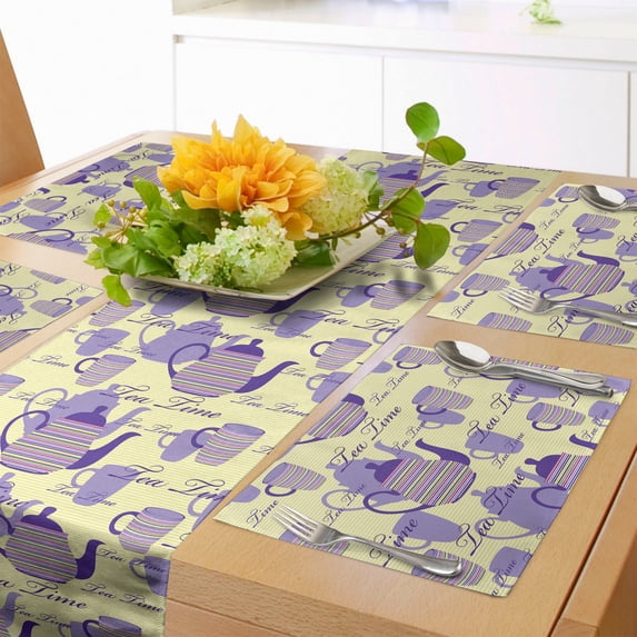 Ambesonne Tea Party Table Runner & Placemats, Striped Teapots Cups, Placemat 4 pcs + Runner 14"x90", Pale Yellow Lavender