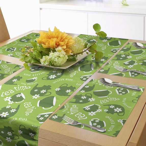 Ambesonne Tea Party Table Runner & Placemats, Tea Time Daisy Blooms, Placemat 4 pcs + Runner 16"x90", Lime Green Dark Green