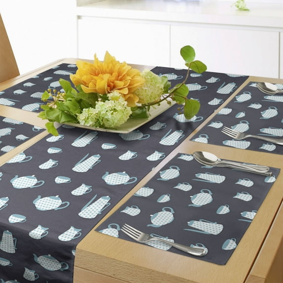 Ambesonne Tea Party Table Runner & Placemats, Teapot and Cups Dots, Placemat 4 pcs + Runner 14"x72", Purple Grey Sky Blue