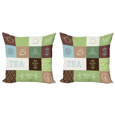 Ambesonne Tea Party Throw Pillow Cover 2 Pack, Checkered Tea Images, 16", Green Brown Blue