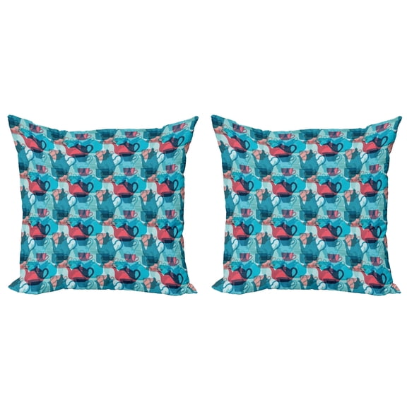 Ambesonne Tea Party Throw Pillow Cover 2 Pack, Crockery Silhouettes, 16", Dark Coral Pale Blue