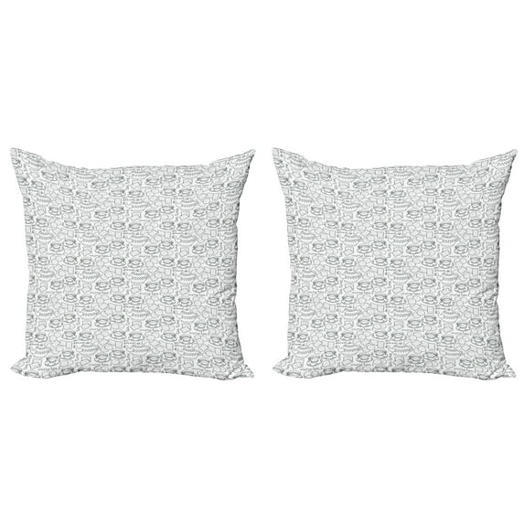 Ambesonne Tea Party Throw Pillow Cover 2 Pack, Tableware Pattern, 24", Grey White