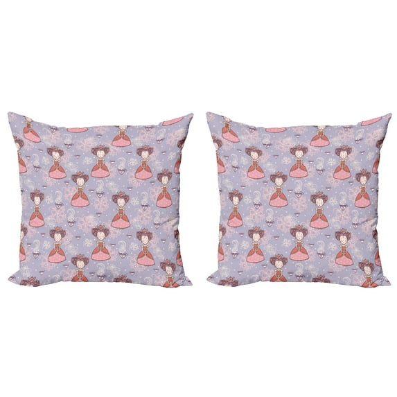 Ambesonne Tea Party Throw Pillow Cover 2 Pack, Teapots Cups Art Drawing, 16", Lilac Pink Coral