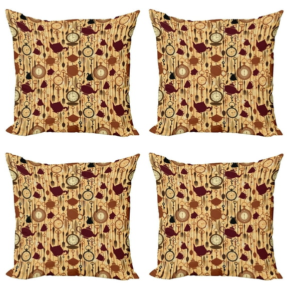 Ambesonne Tea Party Throw Pillow Cover 4 Pack, Breakfast Brunch Time, 18", Brown Redwood