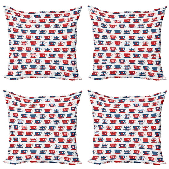 Ambesonne Tea Party Throw Pillow Cover 4 Pack, Britain Teacups, 18", Vermilion Night Blue
