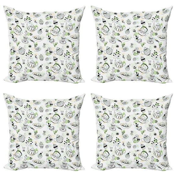 Ambesonne Tea Party Throw Pillow Cover 4 Pack, Doodle Hearts, 24", Black White Green