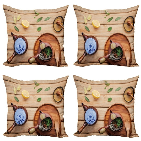 Ambesonne Tea Party Throw Pillow Cover 4 Pack, Herbal Pot Rustic, 16", Multicolor