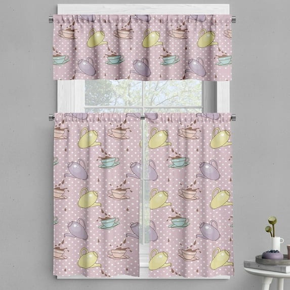 Ambesonne Tea Party Valance & Curtain, Polka Dotted Pot Cups, 55"x24", Pale Green Turquoise