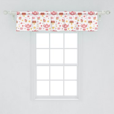 Ambesonne Tea Party Window Valance, Cakes Flowers Magic Wands Tea Pot and Cup Crown Pattern Image, Curtain Valance for Kitchen Bedroom Decor with Rod Pocket, 54" X 12", Coral Dark Coral