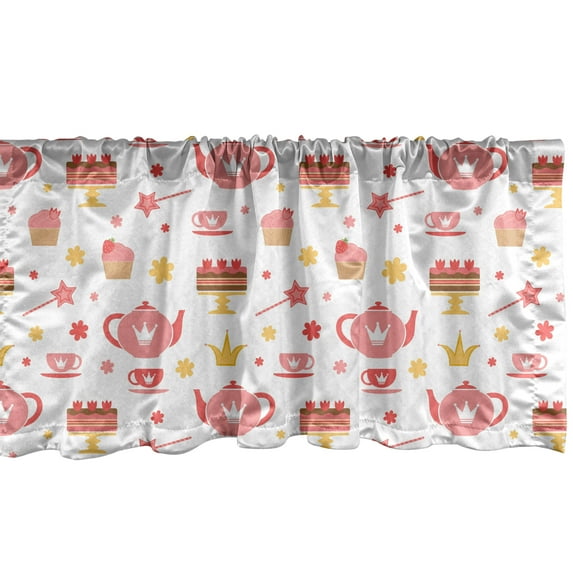 Ambesonne Tea Party Window Valance, Cakes Flowers Magic Wands Tea Pot and Cup Crown Pattern Image, Curtain Valance for Kitchen Bedroom Decor with Rod Pocket, 54" X 18", Coral Dark Coral