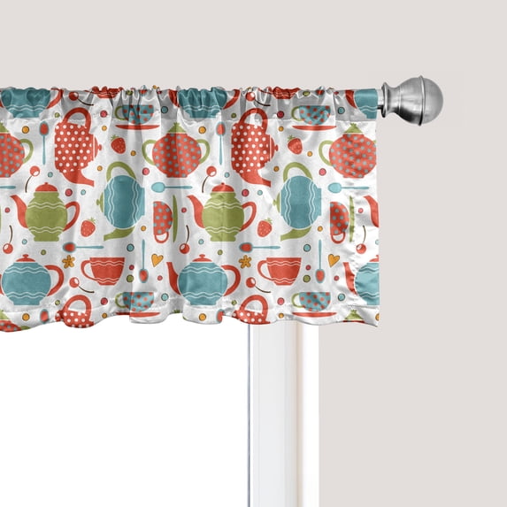 Ambesonne Tea Party Window Valance, Colorful Tea Party Illustration with Pots Cups Spoons on Colorful Dotted Pattern, Curtain Valance for Kitchen Bedroom Decor with Rod Pocket, 54" X 18", Multicolor