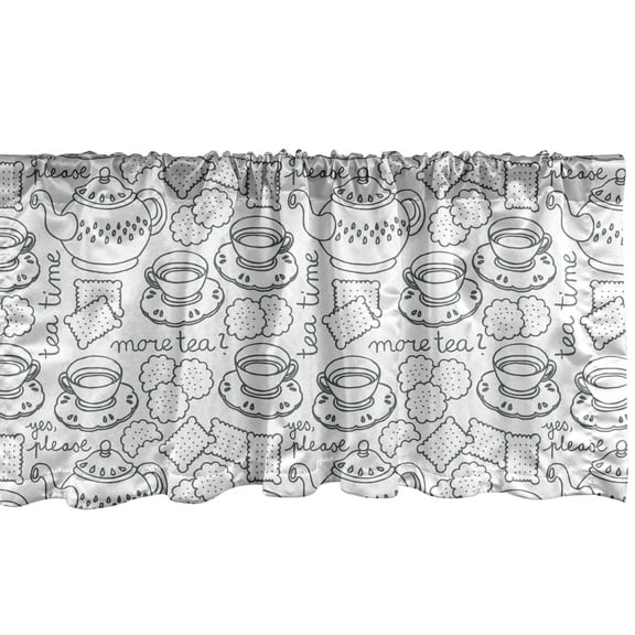 Ambesonne Tea Party Window Valance, Doodle Drawing Monochrome Tableware Pattern with Biscuits and More Tea Words, Curtain Valance for Kitchen Bedroom Decor with Rod Pocket, 54" X 18", Grey White