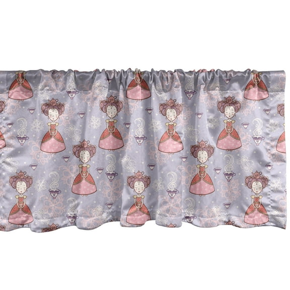 Ambesonne Tea Party Window Valance, Princess with Teacups Abstract Floral Background Gothic Design Print, Curtain Valance for Kitchen Bedroom Decor with Rod Pocket, 54" X 18", Lilac Pink Coral