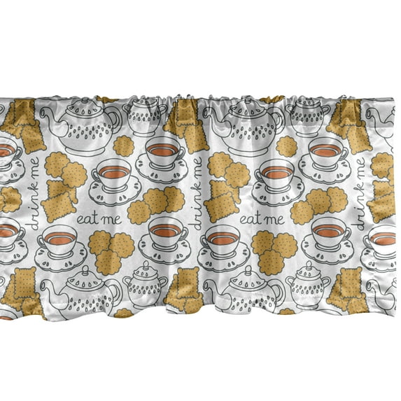 Ambesonne Tea Party Window Valance, Tea Pot and Cups Biscuits, 54" X 12", Coffee White