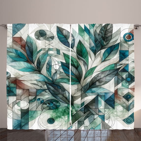 Ambesonne Teal Curtains 2 Panel Set, Dreamy Leaves Jumble Futurist, 108" x 108", Seafoam Fern Green Grey