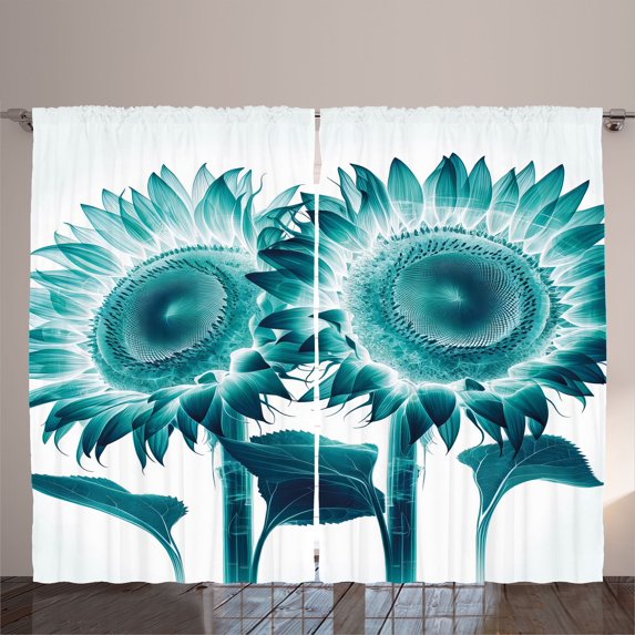 Ambesonne Teal Curtains 2 Panel Set, Futurist Sunflowers Dreamy Art, 108" x 108", Seafoam Petrol Blue White