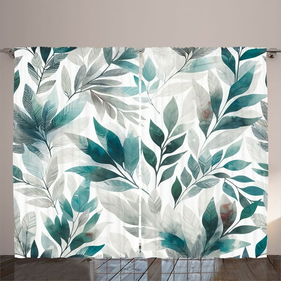 Ambesonne Teal Curtains 2 Panel Set, Urban Jungle Phantom of Leaves, 108" x 90", Purpleblue Petrol Blue