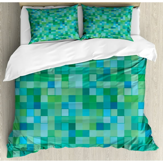 Ambesonne Teal Duvet Cover Set, Cube Pattern Vibrant Color, Queen, Sea Green Blue