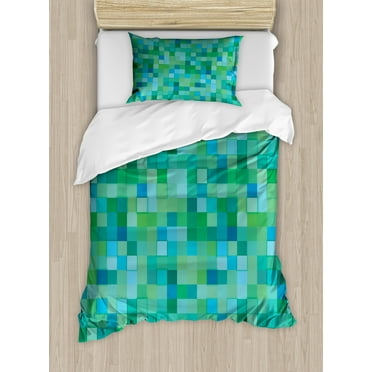 Ambesonne Teal Duvet Cover Set, Cube Pattern Vibrant Color, Twin, Sea Green Blue