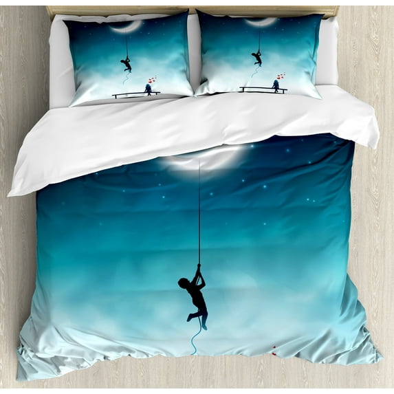 Ambesonne Teal Duvet Cover Set, Lover Climbing to the Moon, 2-Calking, White and Teal