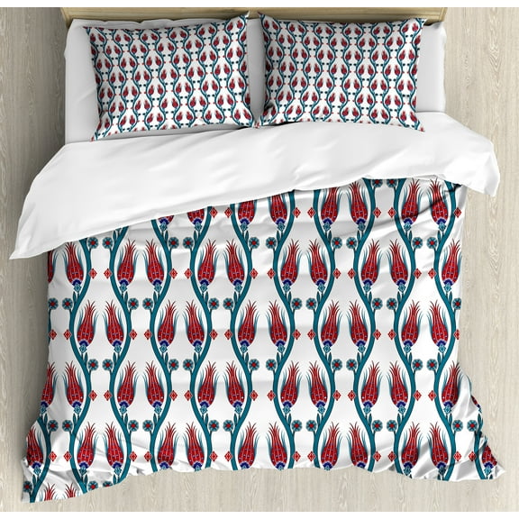 Ambesonne Teal Duvet Cover Set, Ottoman Style Floral Art, 2-Calking, Red Teal