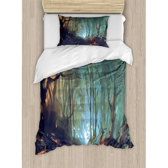 Ambesonne Teal Duvet Cover Sets, Dark Forest, 2-Twin, Brown Teal