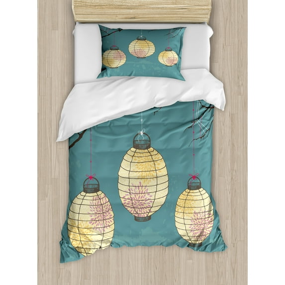 Ambesonne Teal Duvet Cover Sets, Oriental Hanging on Tree Art, 2-Twin, Pale Yellow Teal