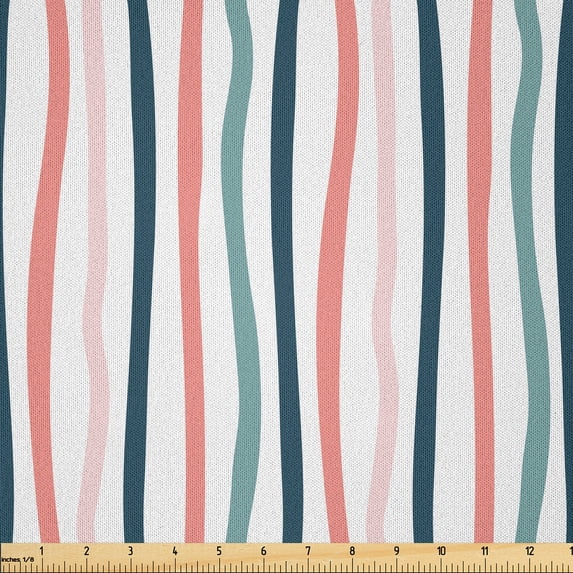 Ambesonne Teal Fabric by the Yard Microfiber, Vertical Swirling Stripes Art, 5 Yards, Coral Blush Slate Blue