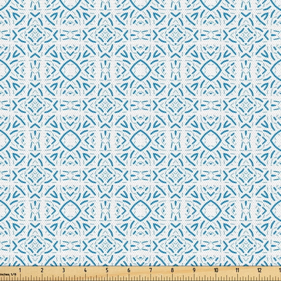 Ambesonne Teal Fabric by the Yard Upholstery, Linear Geometric Shapes Art, 5 Yards, Dark Turquoise White