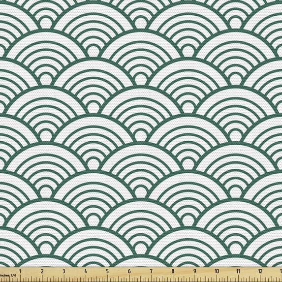 Ambesonne Teal Fabric by the Yard Upholstery, Seigaiha Scales, 10 Yards, Jade Green White
