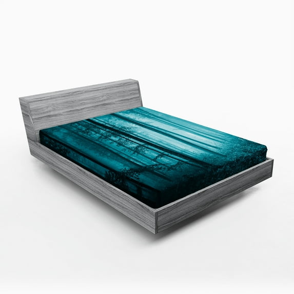 Ambesonne Teal Fitted Sheet 2 Pcs Set, Foggy Dark Country Forest, Queen, Teal