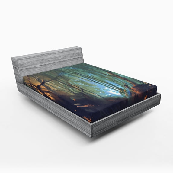 Ambesonne Teal Fitted Sheet, Dark Forest, Queen Size, Brown Teal