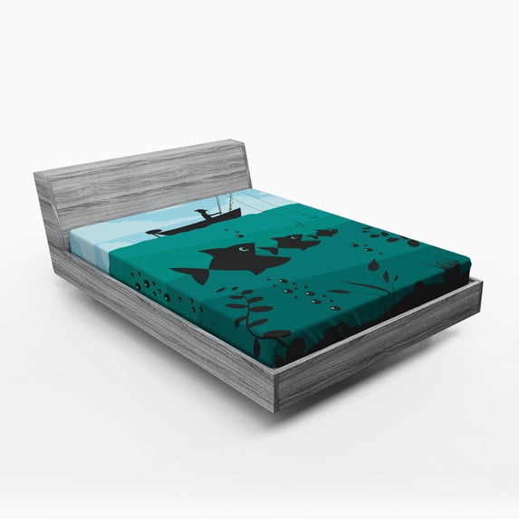 Ambesonne Teal Fitted Sheet, Fishing on Boat Nautical, Full Size, Blue Teal