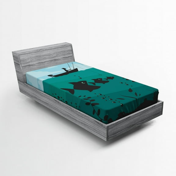 Ambesonne Teal Fitted Sheet, Fishing on Boat Nautical, Twin XL Size, Blue Teal