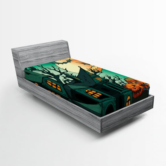 Ambesonne Teal Fitted Sheet, Halloween Haunted Castle, Twin Size, Orange Teal