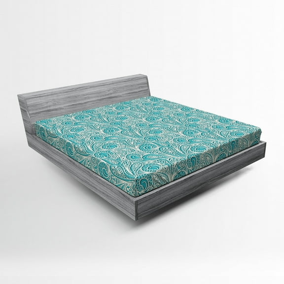 Ambesonne Teal Fitted Sheet, Romantic Lace Pattern, Queen Size, Teal Beige