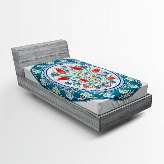 Ambesonne Teal Fitted Sheet, Turkish Tulip Floral Art, Twin Size, Teal Red White