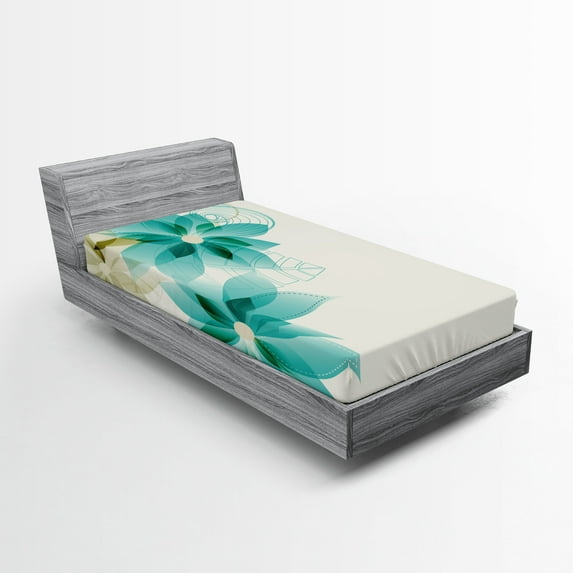 Ambesonne Teal Fitted Sheet, Vintage Floral Elements, Twin XL Size, Turquoise Beige