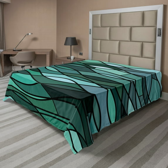 Ambesonne Teal Flat Sheet, Mosaic Sea Waves Inspired, Full Size, Dark Green Aqua
