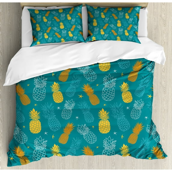 Ambesonne Teal Green Duvet Cover Sets, Modern Summer Pineapples, 2-Queen, Teal Apricot Pale Orange