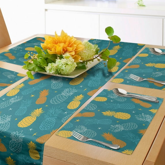 Ambesonne Teal Green Table Runner & Placemats, Modern Summer Pineapples, Placemat 4 pcs + Runner 14"x90", Teal Apricot Pale Orange
