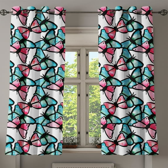 Ambesonne Teal Grommet Curtain, Blue and Pink Animal, 50" x 54", Blue Pink Black