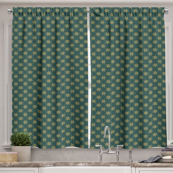 Ambesonne Teal Kitchen Curtains, Abstract Boho Stars Pattern, 55"x24", Hunter Green and Mustard