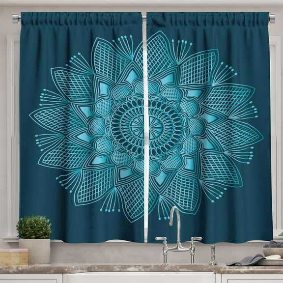 Ambesonne Teal Kitchen Curtains, Abstract Mandala Flower Plot, 55"x30", Aqua and Dark Petrol Blue