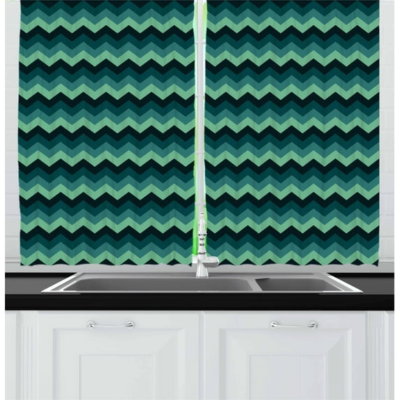 Ambesonne Teal Kitchen Curtains, Chevron Style Geometric, 55"x45", Mint Green Teal Black